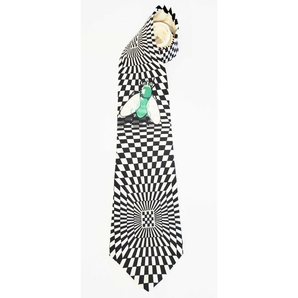 Flamingo Joe Vintage Mens Neck Tie Optical Illusion Black and Ivory Green Fly